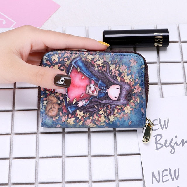 Women Card Holder Wallet PU Leather Female Card Case 9 Bits/10 Bits + 2 Big Position Zipper Card Wallet Cute Characters Card Bag
