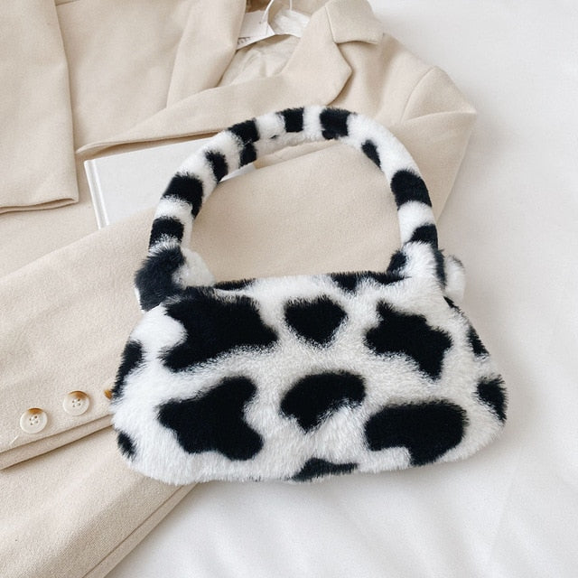 2021 INS Fashion Women Cow Print Mini Shoulder Bags Female Winter Plush Underarm Bags Leopard Zebra Pattern Fluffy Tote Bags