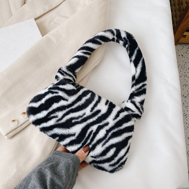 2021 INS Fashion Women Cow Print Mini Shoulder Bags Female Winter Plush Underarm Bags Leopard Zebra Pattern Fluffy Tote Bags