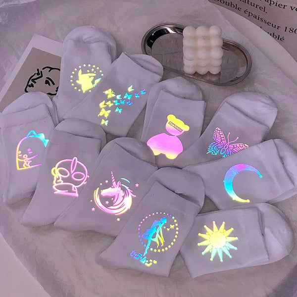 Night Reflect Light Men&Women Sock Funny Black White Harajuku Moon Butterfly Dino Hip-hop Sock for Lover Skateboard 2020 New