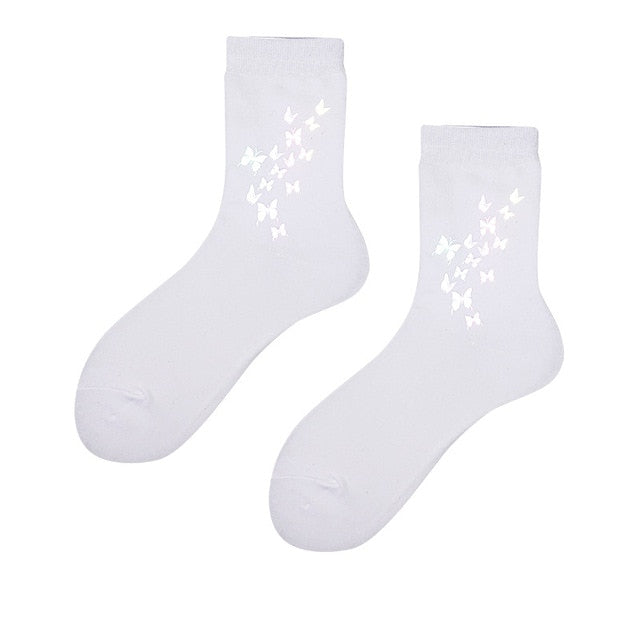 Night Reflect Light Men&Women Sock Funny Black White Harajuku Moon Butterfly Dino Hip-hop Sock for Lover Skateboard 2020 New