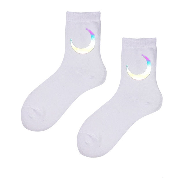 Night Reflect Light Men&Women Sock Funny Black White Harajuku Moon Butterfly Dino Hip-hop Sock for Lover Skateboard 2020 New