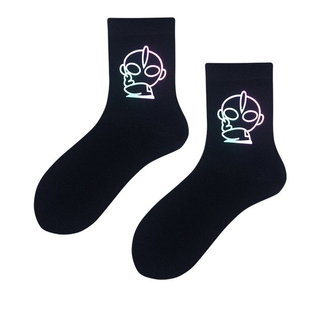 Night Reflect Light Men&Women Sock Funny Black White Harajuku Moon Butterfly Dino Hip-hop Sock for Lover Skateboard 2020 New