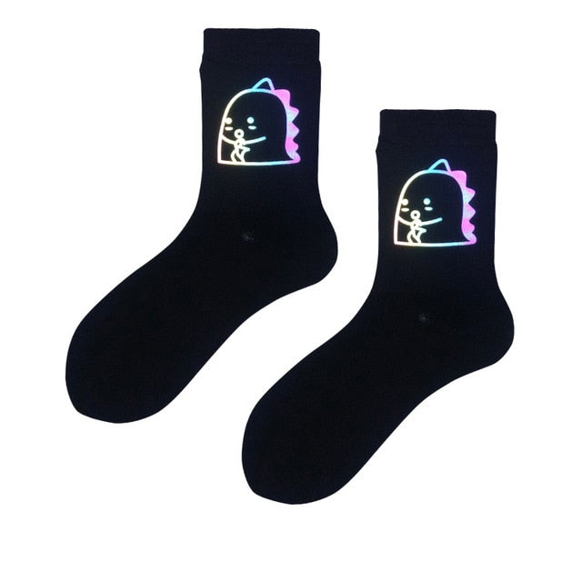 Night Reflect Light Men&Women Sock Funny Black White Harajuku Moon Butterfly Dino Hip-hop Sock for Lover Skateboard 2020 New