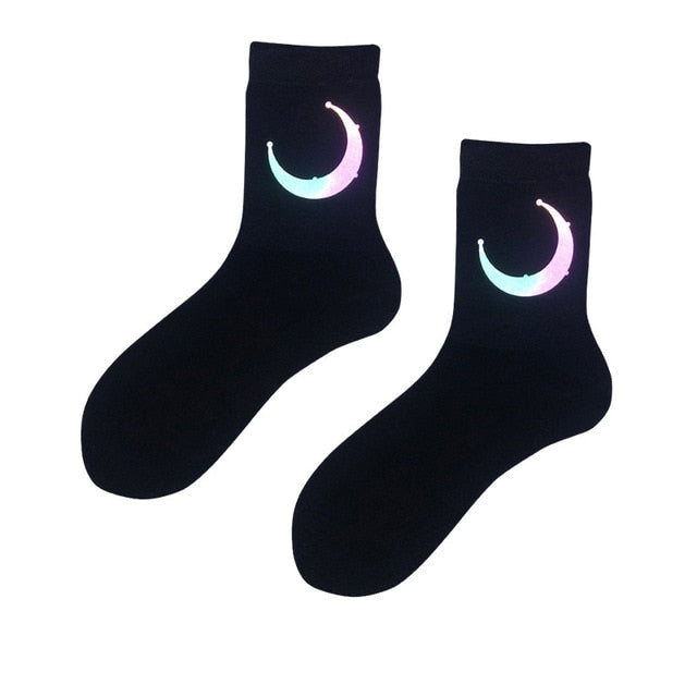 Night Reflect Light Men&Women Sock Funny Black White Harajuku Moon Butterfly Dino Hip-hop Sock for Lover Skateboard 2020 New