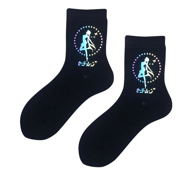 Night Reflect Light Men&Women Sock Funny Black White Harajuku Moon Butterfly Dino Hip-hop Sock for Lover Skateboard 2020 New
