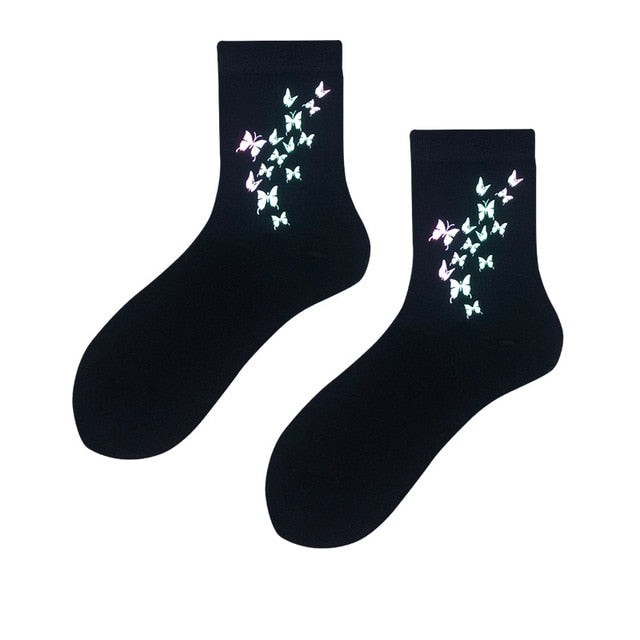 Night Reflect Light Men&Women Sock Funny Black White Harajuku Moon Butterfly Dino Hip-hop Sock for Lover Skateboard 2020 New