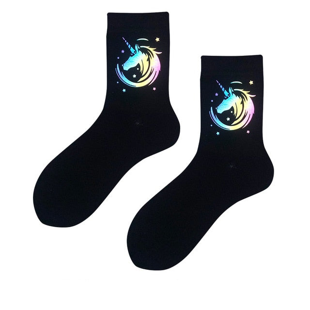 Night Reflect Light Men&Women Sock Funny Black White Harajuku Moon Butterfly Dino Hip-hop Sock for Lover Skateboard 2020 New