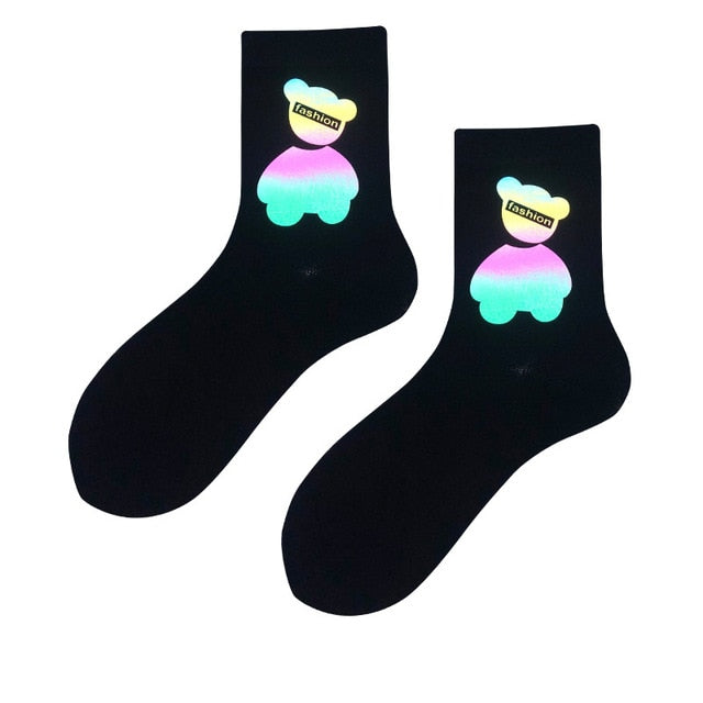 Night Reflect Light Men&Women Sock Funny Black White Harajuku Moon Butterfly Dino Hip-hop Sock for Lover Skateboard 2020 New