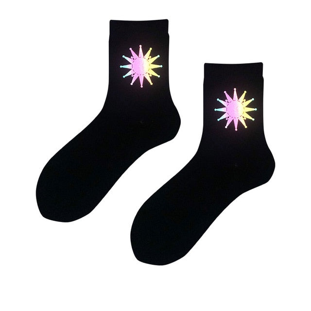 Night Reflect Light Men&Women Sock Funny Black White Harajuku Moon Butterfly Dino Hip-hop Sock for Lover Skateboard 2020 New