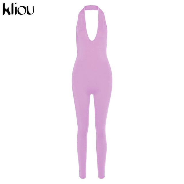 Kliou halter women activewear v-neck sexy bandage sleeveless jumpsuit skinny rompers solid elastic bodycon fitness casual outfit
