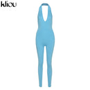 Kliou halter women activewear v-neck sexy bandage sleeveless jumpsuit skinny rompers solid elastic bodycon fitness casual outfit