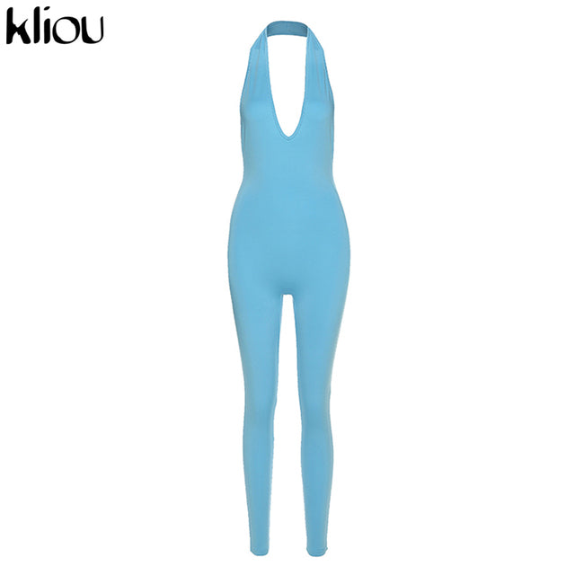 Kliou halter women activewear v-neck sexy bandage sleeveless jumpsuit skinny rompers solid elastic bodycon fitness casual outfit