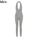 Kliou halter women activewear v-neck sexy bandage sleeveless jumpsuit skinny rompers solid elastic bodycon fitness casual outfit