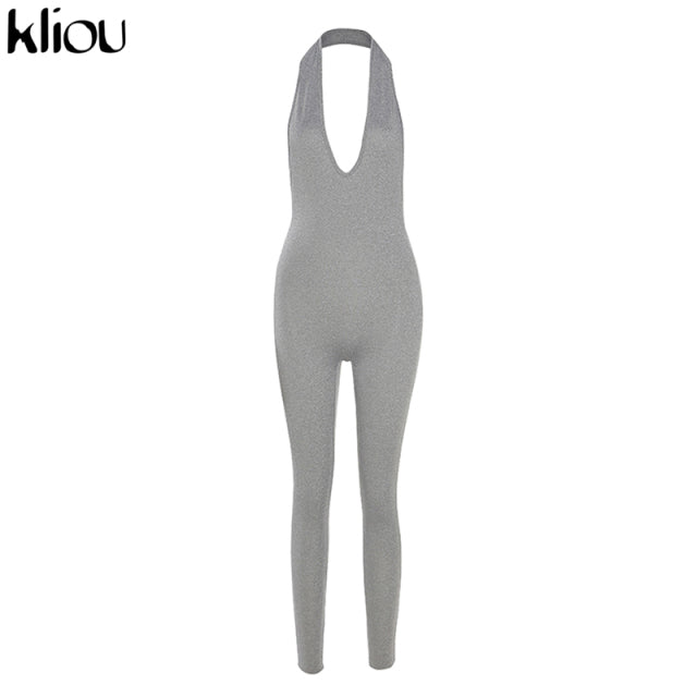 Kliou halter women activewear v-neck sexy bandage sleeveless jumpsuit skinny rompers solid elastic bodycon fitness casual outfit