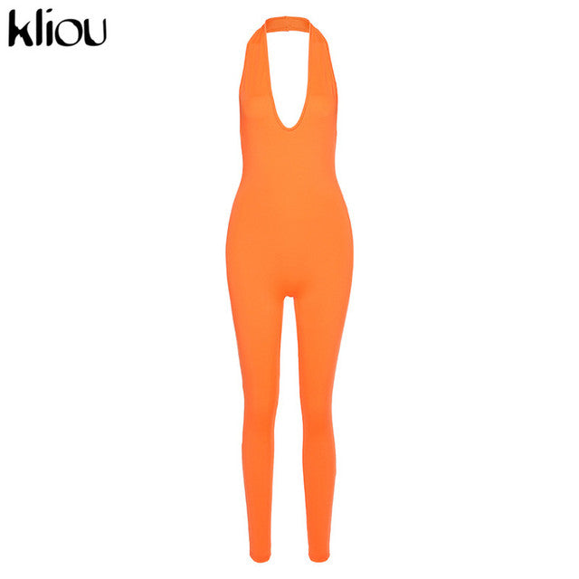 Kliou halter women activewear v-neck sexy bandage sleeveless jumpsuit skinny rompers solid elastic bodycon fitness casual outfit