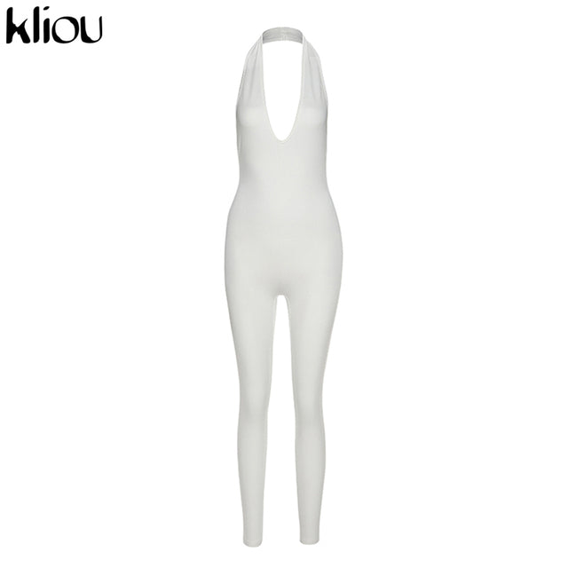 Kliou halter women activewear v-neck sexy bandage sleeveless jumpsuit skinny rompers solid elastic bodycon fitness casual outfit