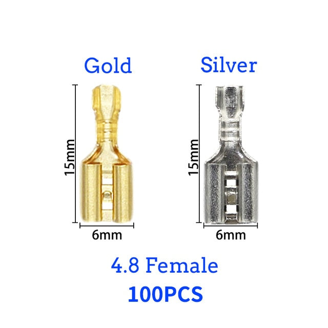100Pcs/lot 2.8/4.8/6.3mm Female and male Crimp Terminal Connector Gold Brass/Silver Car Speaker Electric Wire Connectors Set