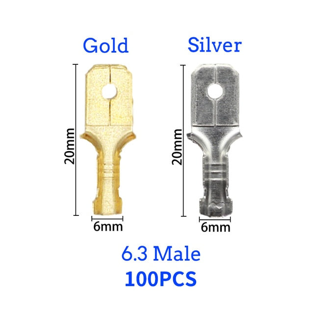 100Pcs/lot 2.8/4.8/6.3mm Female and male Crimp Terminal Connector Gold Brass/Silver Car Speaker Electric Wire Connectors Set