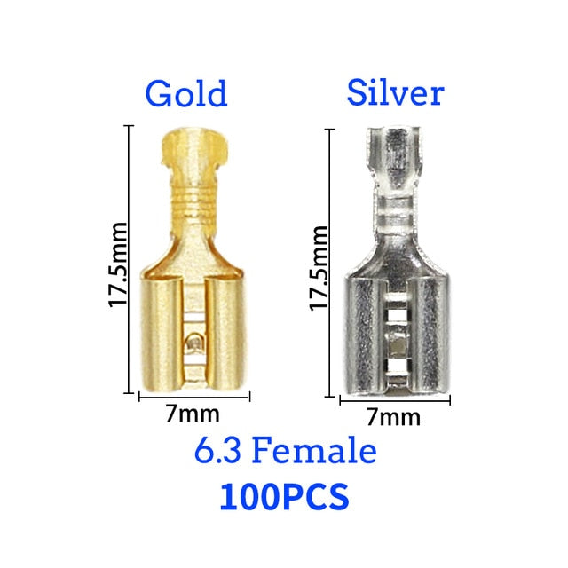 100Pcs/lot 2.8/4.8/6.3mm Female and male Crimp Terminal Connector Gold Brass/Silver Car Speaker Electric Wire Connectors Set