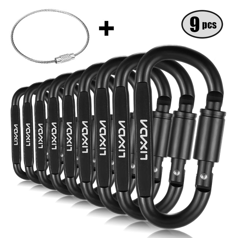Lixada 9 PCS Survival D-ring Locking Carabiner Clip Set Screw Lock Hanging Hook Buckle Karabiner Camping Climbing Equipment