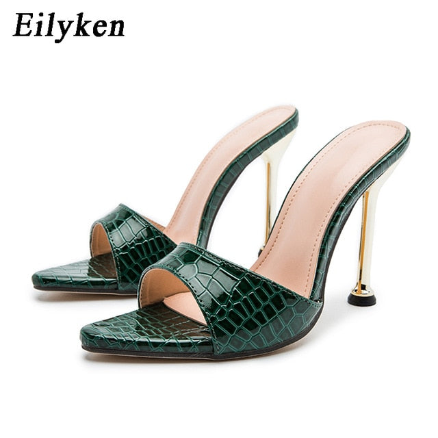 Eilyken Women slippers Snake Print Strappy Mule high heels Slippers Sandals flip flops Pointed toe Slides Party shoes Woman