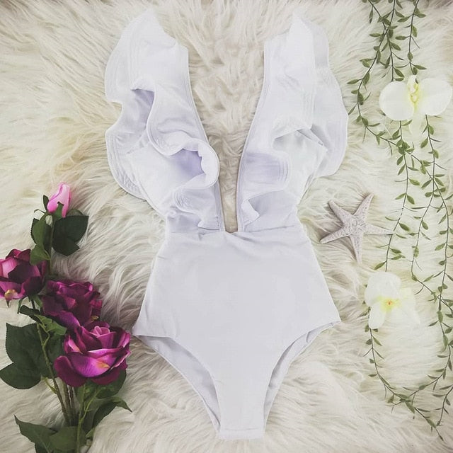 2021 New Sexy Ruffle Print Floral One Piece Swimsuit Off The Shoulder Swimwear Women Solid Deep-V Beachwear Bathing Suit Monkini