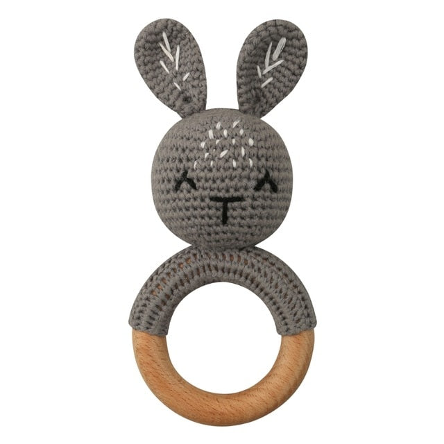 1pc Wooden Crochet Bunny Rattle Toy BPA Free Wood Ring Baby Teether Rodent Baby Gym Mobile Rattles Newborn Educational Toys