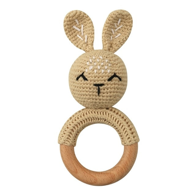 1pc Wooden Crochet Bunny Rattle Toy BPA Free Wood Ring Baby Teether Rodent Baby Gym Mobile Rattles Newborn Educational Toys