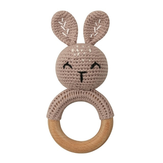 1pc Wooden Crochet Bunny Rattle Toy BPA Free Wood Ring Baby Teether Rodent Baby Gym Mobile Rattles Newborn Educational Toys
