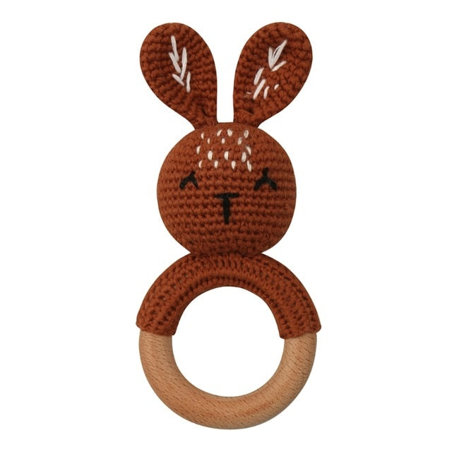 1pc Wooden Crochet Bunny Rattle Toy BPA Free Wood Ring Baby Teether Rodent Baby Gym Mobile Rattles Newborn Educational Toys