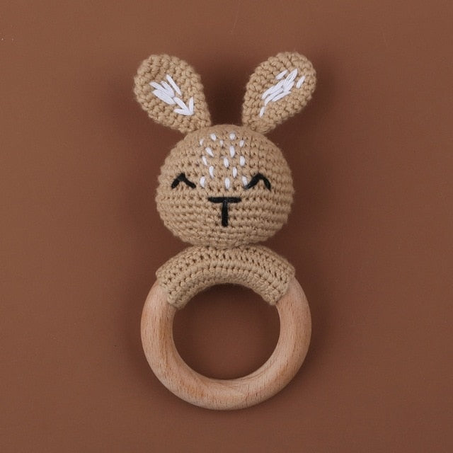 1pc Wooden Crochet Bunny Rattle Toy BPA Free Wood Ring Baby Teether Rodent Baby Gym Mobile Rattles Newborn Educational Toys