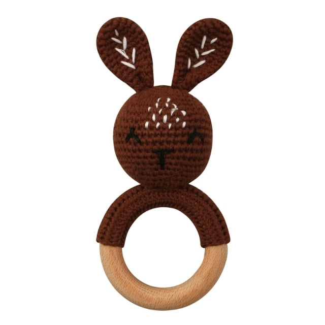 1pc Wooden Crochet Bunny Rattle Toy BPA Free Wood Ring Baby Teether Rodent Baby Gym Mobile Rattles Newborn Educational Toys