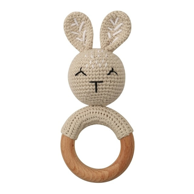 1pc Wooden Crochet Bunny Rattle Toy BPA Free Wood Ring Baby Teether Rodent Baby Gym Mobile Rattles Newborn Educational Toys