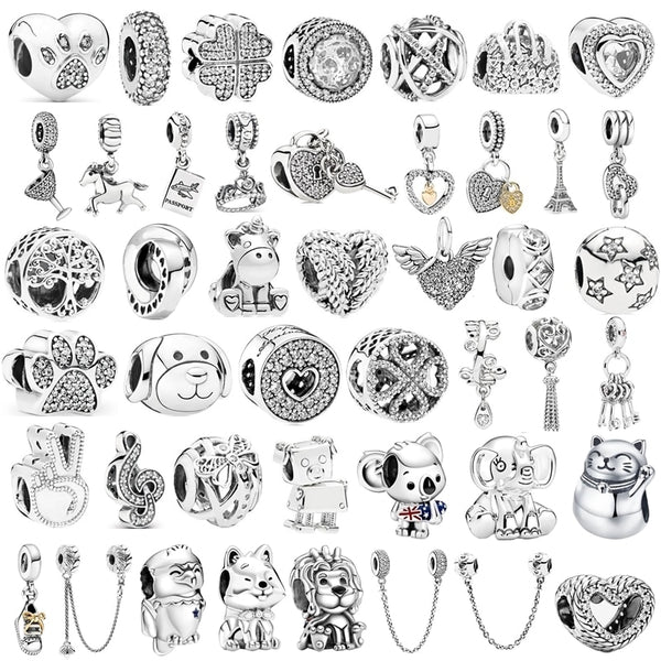 AIFEILI Silver Color Lucky Cat Lion Safety Chain Crown Owl Pendant Fit Pandora Charms Bracelet DIY Women Original Beads Jewelry