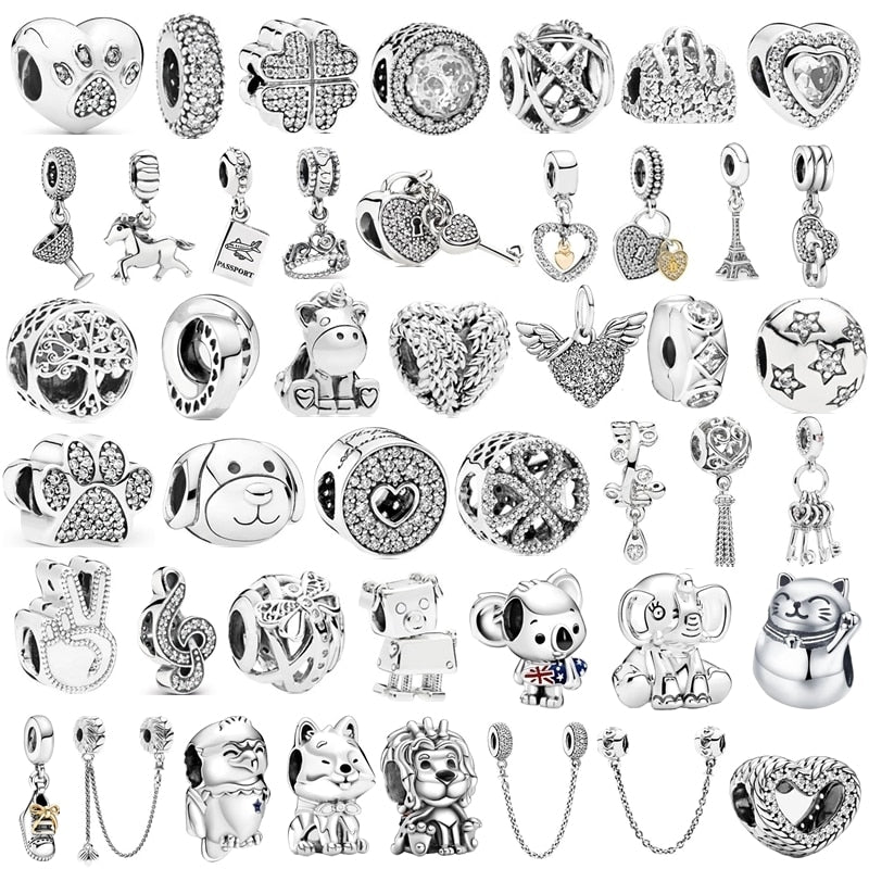 AIFEILI Silver Color Lucky Cat Lion Safety Chain Crown Owl Pendant Fit Pandora Charms Bracelet DIY Women Original Beads Jewelry