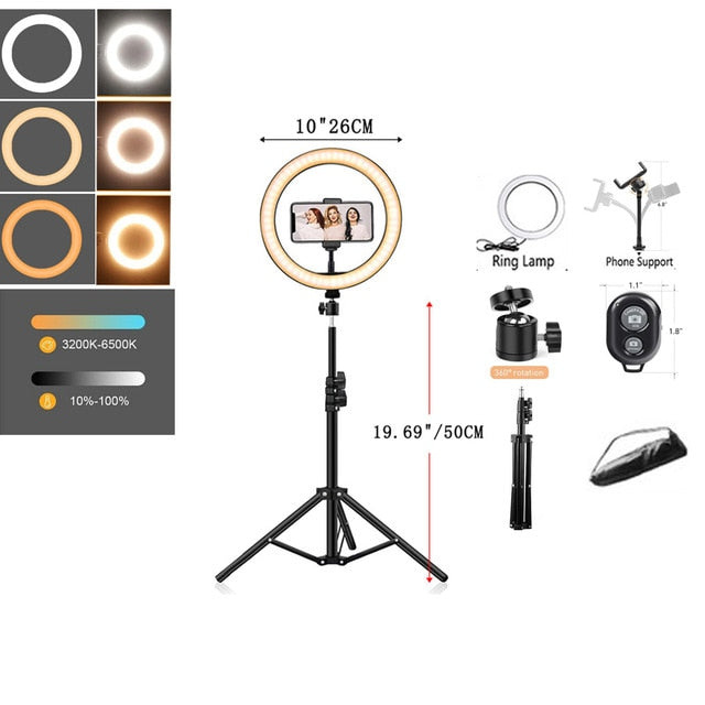 10in LED Selfie Ring Light Photography RingLight Phone Stand Holder Tripod Circle Fill Light Dimmable Lamp Trepied Makeup