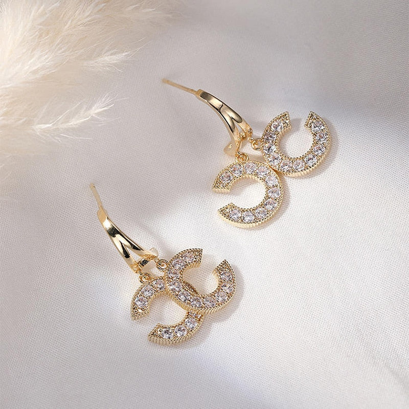 New Double C-Shape Pendant Ear Stud Fashion Gold Color Earrings For Women Simple Female Wedding Trendy Zircon Jewelry EG48