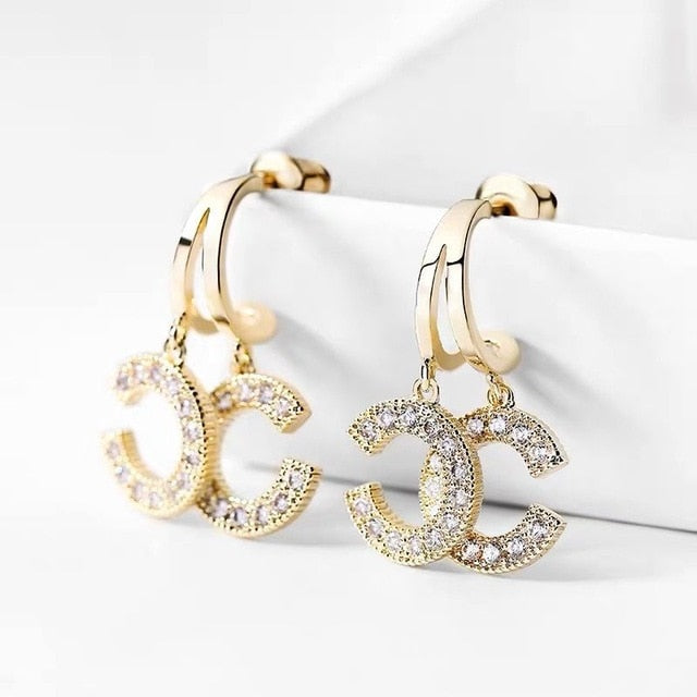 New Double C-Shape Pendant Ear Stud Fashion Gold Color Earrings For Women Simple Female Wedding Trendy Zircon Jewelry EG48