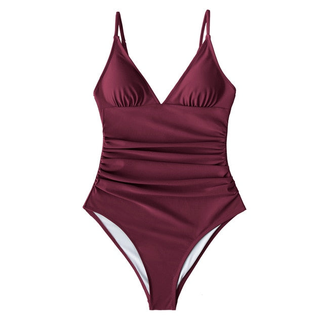 CUPSHE Solid Burgundy Shirring One-piece Swimsuit Women Deep V-neck Removable Bra Plain Monokinis 2021 New Summer Beach Swimwear