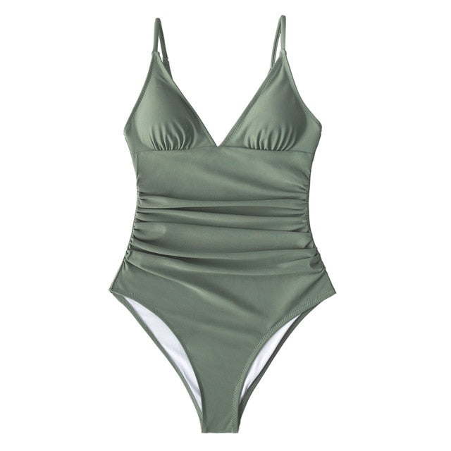 CUPSHE Solid Burgundy Shirring One-piece Swimsuit Women Deep V-neck Removable Bra Plain Monokinis 2021 New Summer Beach Swimwear