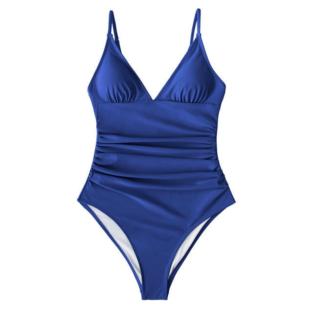 CUPSHE Solid Burgundy Shirring One-piece Swimsuit Women Deep V-neck Removable Bra Plain Monokinis 2021 New Summer Beach Swimwear