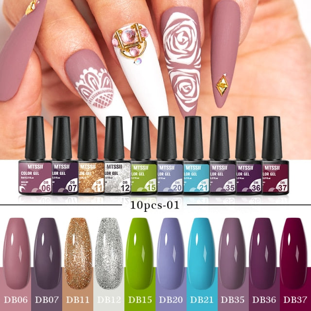 Mtssii 10Pcs/set Color Gel Nail Polish Set 100 Colors Semi Permanent UV Led Gel Varnish Soak Off Nail Lacquers Base Top Coat