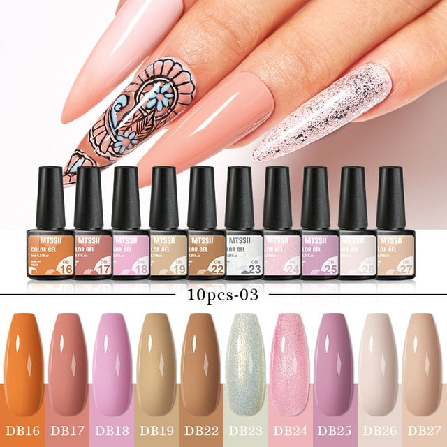 Mtssii 10Pcs/set Color Gel Nail Polish Set 100 Colors Semi Permanent UV Led Gel Varnish Soak Off Nail Lacquers Base Top Coat