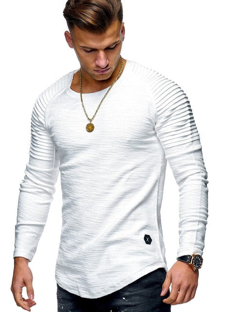 Hot 2021 Solid Color Sleeve Pleated Patch Detail Long Sleeve T-Shirt Men Spring Casual Tops Pullovers Fashion Slim Basic Tops