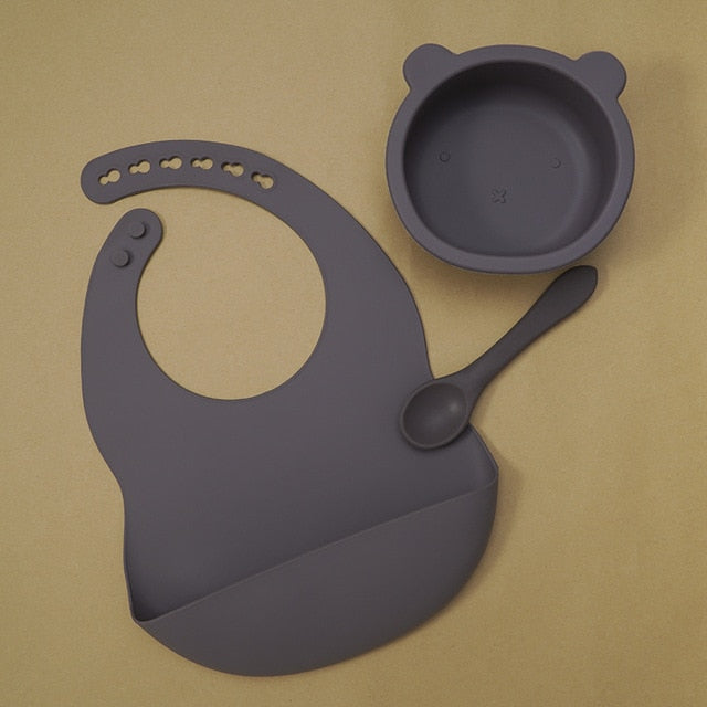 BPA Free Baby Silicone Tableware Waterproof Bib Flexible Saliva Towel Solid Color Sucker Bowl And Spoon For Children