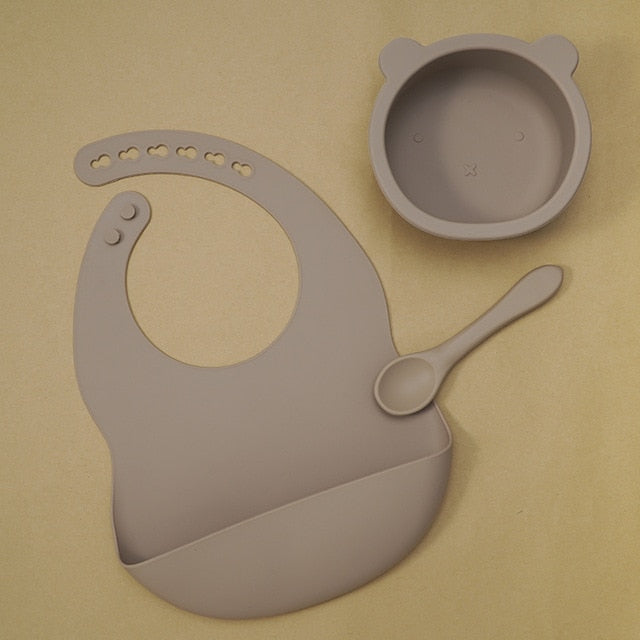 BPA Free Baby Silicone Tableware Waterproof Bib Flexible Saliva Towel Solid Color Sucker Bowl And Spoon For Children