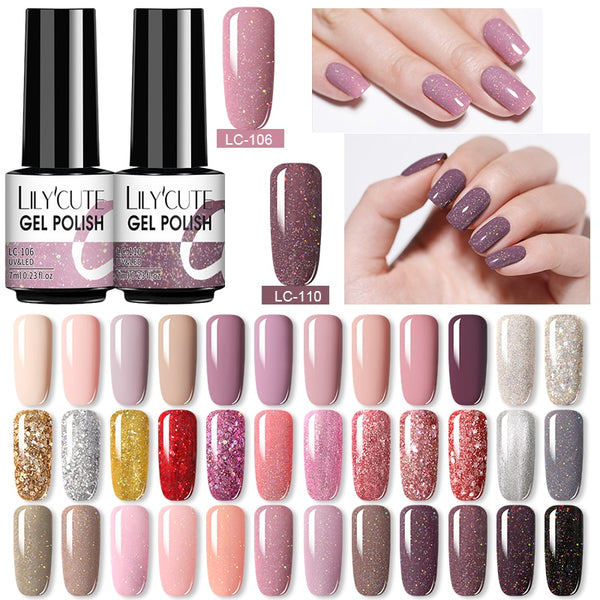 LILYCUTE 7ml Glitter Gel Nail Polish Semi Permanent Rose Gold Luminous Nail Art Varnish Base Top Coat Soak Off Nails UV Led Gel