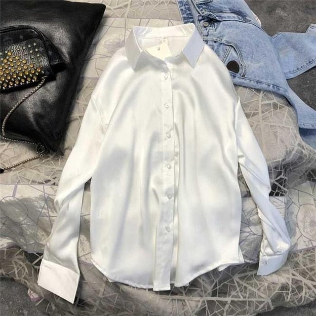 New Spring Autumn Women Fashion Long Sleeves Satin Blouse Vintage Femme Oversized Street Shirts Elegant Imitation Silk Blouse