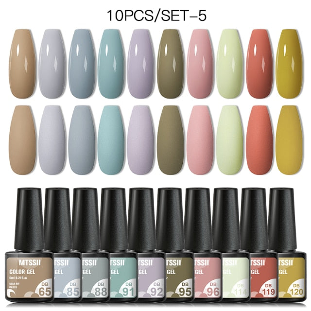 Mtssii 10Pcs/set Color Gel Nail Polish Set 100 Colors Semi Permanent UV Led Gel Varnish Soak Off Nail Lacquers Base Top Coat